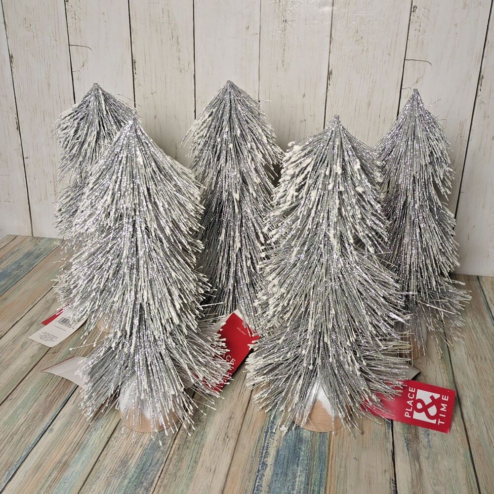NWT Set of 5 Silver Glitter Bottle Brush Christmas Trees 11" Place & Time Target